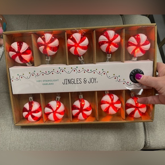 Jingles & Joy Red and White 10pc Peppermint Lights 10ft Garland, NIB - Picture 1 of 3